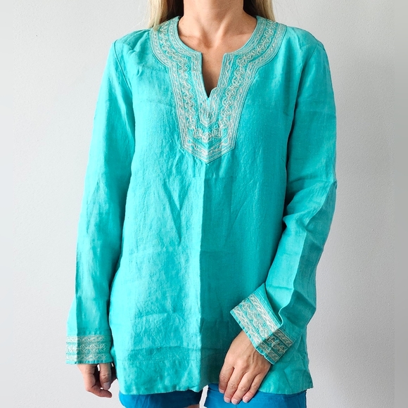 Craig Taylor Women's Embroidered Tunic Top turquoise Blue S Linen Trixie - Picture 1 of 16